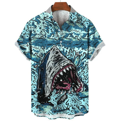 Shark & Letter Sea All Over Print Lapel Shirt